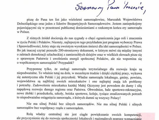 List Marszałka Województwa do Jarosława Kaczyńskiego