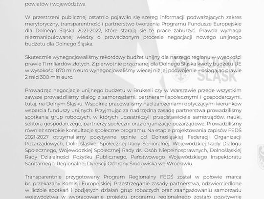 List Marszałka Województwa do Samorządowców Dolnego Śląska