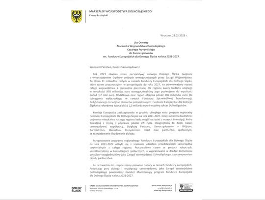 List Otwarty Marszałka Województwa Dolnośląskiego Cezarego Przybylskiego do Samorządowców