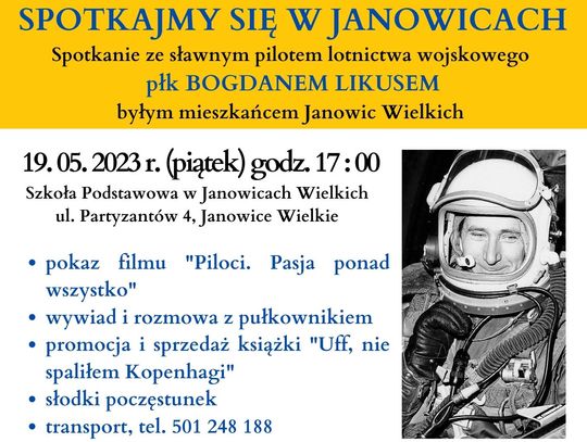 Spotkanie ze sławnym pilotem Bogdanem Likusem odbędzie się w piątek o godzinie 17:00 w Janowicach Wielkich