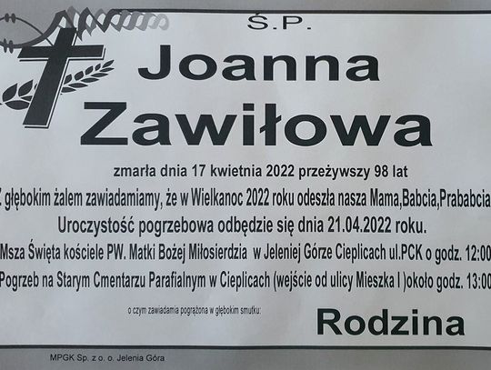 Zmarła Joanna Zawiła