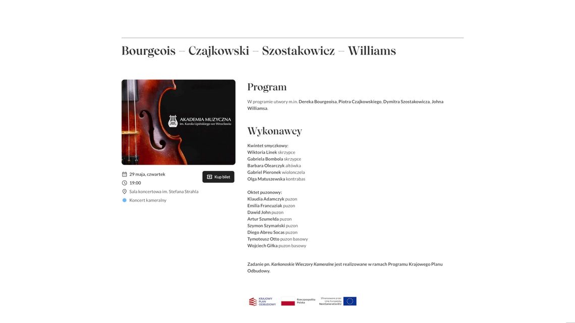 Bourgeois, Czajkowski, Szostakowicz, Williams w jeleniogórskiej filharmonii Bourgeois, Czajkowski, Szostakowicz, Williams w jeleniogórskiej filharmonii