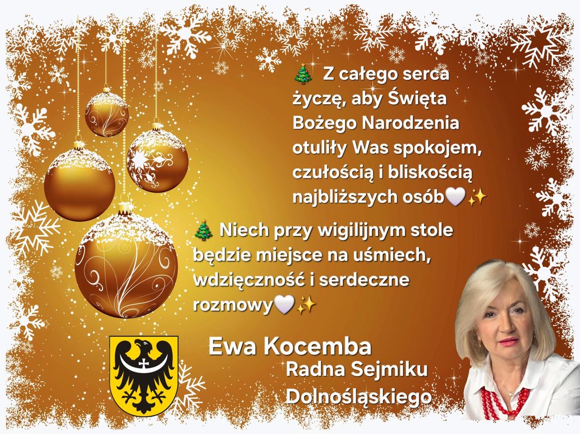 Ewa Kocemba  - Radna Sejmiku Województwa Dolnośląskiego kieruje świąteczne życzenia do mieszkańców Dolnego Śląska