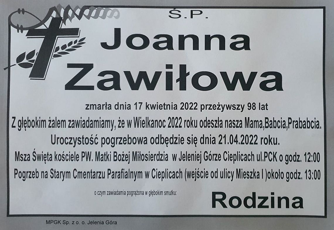Zmarła Joanna Zawiła